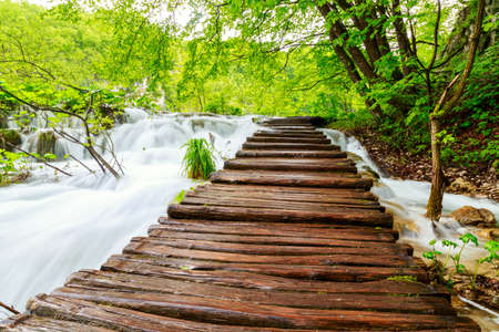 Wooden path in National Park of Plitvice in Croatiaの写真素材