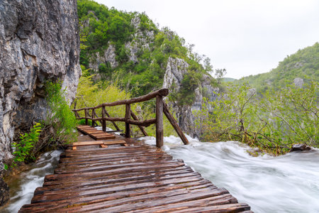 Wooden tourist path in Plitvice lakes national park-Croatiaの写真素材