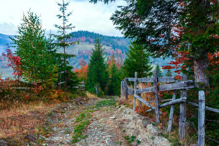 Colorful autumn landscape scene with fence in Transylvania mountain-Romaniaの写真素材