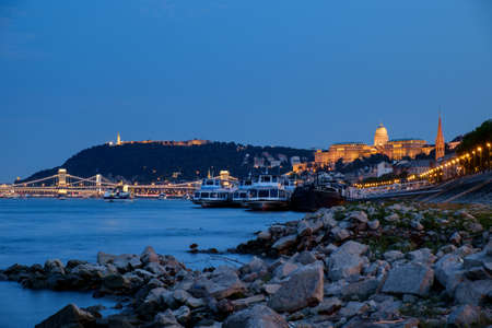 Hungarian landmarks,panorama of Budapest at nightの写真素材