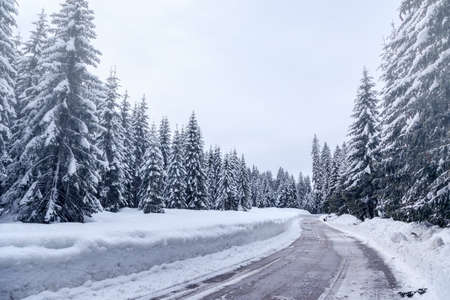 Snowy winter road in Julian Alps-Sloveniaの写真素材