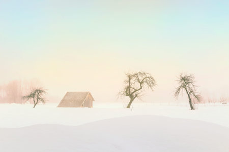 Simple, minimal winter landscape in Slovenia-Europeの写真素材