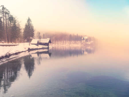 Winter time in lake Bohinj in Triglav national park-Sloveniaの写真素材