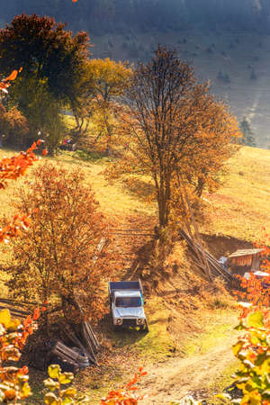 Colorful autumn landscape in the Carpathian mountains. Transylvania, Romaniaの写真素材