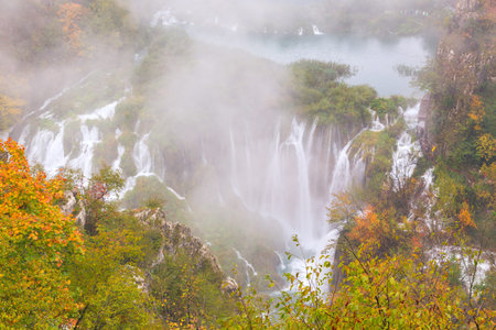 Autum colors and waterfalls of Plitvice National Park in Croatia