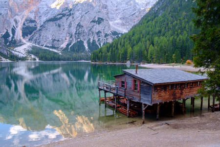 Braies Lake ( Pragser Wildsee ) in Dolomites mountains, Sudtirol, Italyのeditorial素材