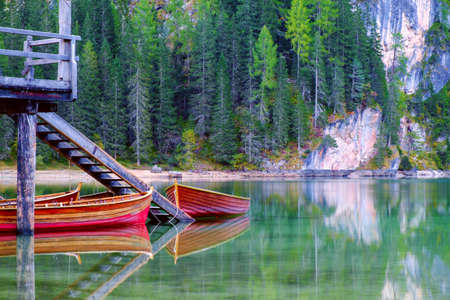 Braies Lake ( Pragser Wildsee ) in Dolomites mountains, Sudtirol, Italyの写真素材