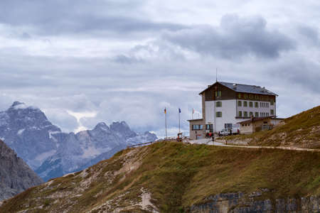 Auronzo refuge and Cadini di Misurina range, Dolomite Alps, Italyの写真素材