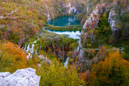 Autum colors and waterfalls of Plitvice National Park in Croatiaの写真素材