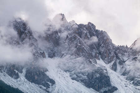 Misty mountain scene in Dolomites mountain Italy, Europeの写真素材