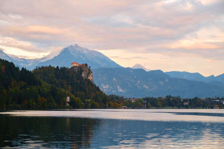 Bled with lake, castle and mountains in background, Slovenia, Europeの写真素材