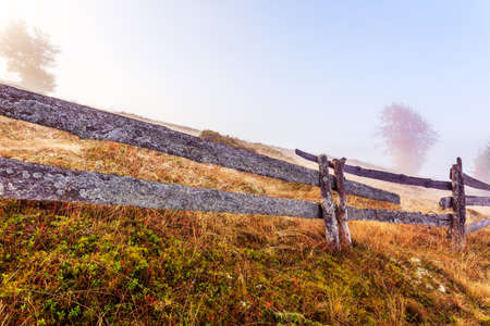 Colorful autumn landscape scene with fence in Transylvania mountain-Romaniaの写真素材