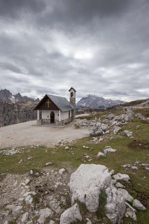Mountain chapel near Tre Cime di Lavaredo in Dolomites Alps, Italyの写真素材