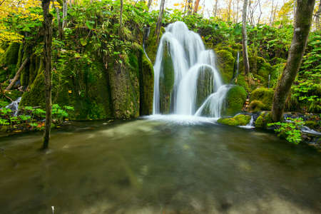 Beautiful waterfall at Plitvice National Park in Croatiaの写真素材