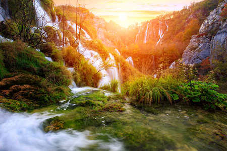 Beautiful waterfall at Plitvice National Park in Croatiaの写真素材
