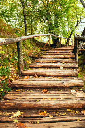 Rainy day and wooden tourist path in Plitvice lakes national park-Croatia