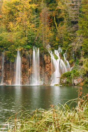 Autum colors and waterfalls of Plitvice National Park in Croatiaの写真素材