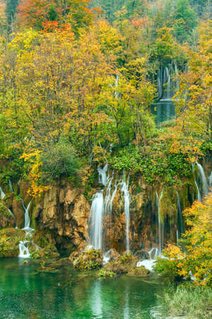 Autum colors and waterfalls of Plitvice National Park in Croatiaの写真素材