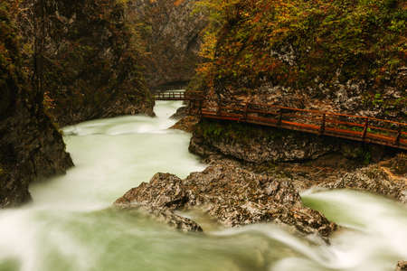 Vintgar gorge and wooden path near Bled, Slovenia.Europeの写真素材