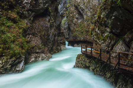 Vintgar gorge and wooden path near Bled, Slovenia.Europeの写真素材
