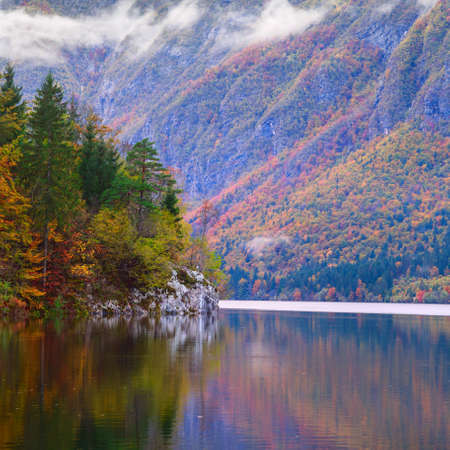 Beautiful autumn scenery at lake Bohinj, Triglav National Park, Julian Alps, Sloveniaの写真素材