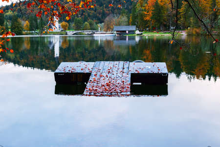 Beautiful autumn scenery at lake Bohinj, Triglav National Park, Julian Alps, Sloveniaの写真素材