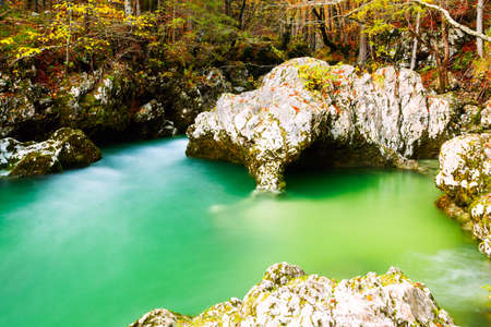 River Mostnica (Mostnice Korita) and Elephant formation near lake Bohinj in Sloveniaの写真素材