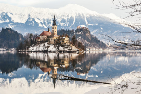 Lake Bled with St. Marys Church of the Assumption on the small island; Bled, Slovenia, Europe.の写真素材