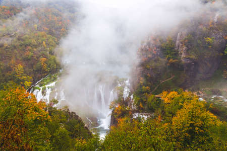 Beautiful waterfall autumn in  Plitvice National Park, Croatiaの写真素材