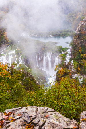 Beautiful waterfall autumn in  Plitvice National Park, Croatia