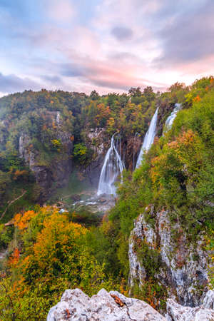 Beautiful waterfall autumn in  Plitvice National Park, Croatiaの写真素材