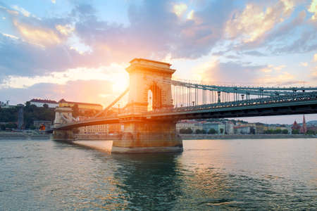 Chain bridge on Danube river in Budapest city. Hungary.の写真素材