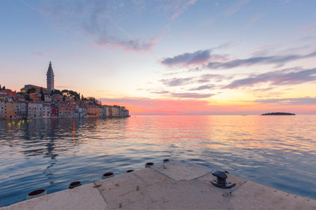 Beautiful sunset at Rovinj in Adriatic sea coast of Croatia, Europeの写真素材