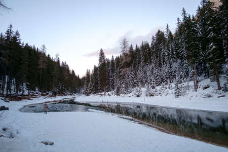 Winter landscape at lake of Braies in the italian Dolomites. Italyの写真素材
