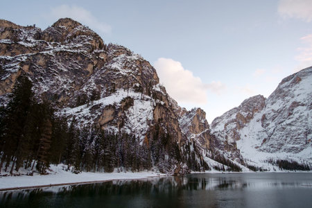 Winter landscape at lake of Braies in the italian Dolomites. Italyの写真素材