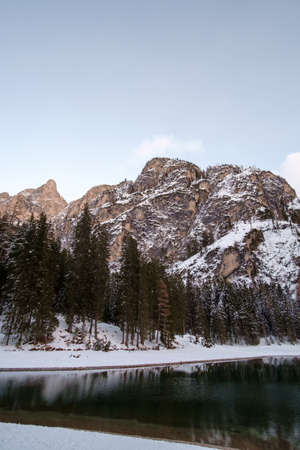 Winter landscape at lake of Braies in the italian Dolomites. Italyの写真素材