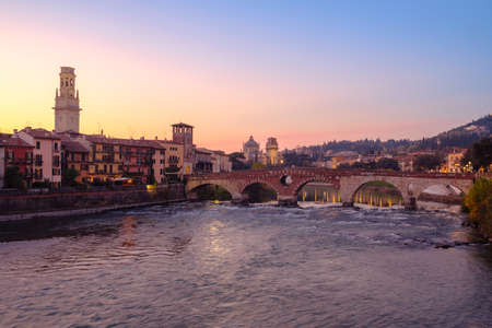 Image of Verona. Pietra bridge on Adige river after sunset, Verona, Italy.の写真素材