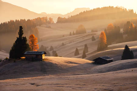 Misty landscape view in Alpe di Siusi or Seiser Alm at beautiful sunrise, Dolomites mountain, Italyの写真素材