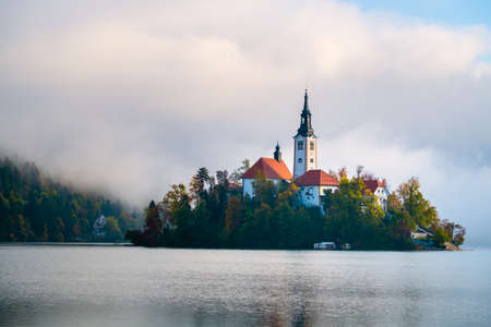 Bled with lake, island, castle and mountains in background, Slovenia, Europeの写真素材
