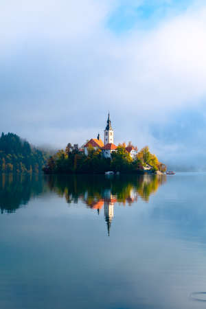 Bled with lake, island, church and mountains in background, Slovenia, Europeの写真素材