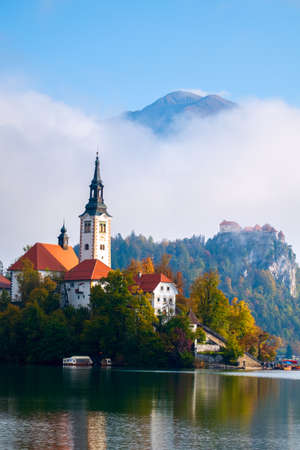 Bled with lake, island, church and mountains in background, Slovenia, Europeの写真素材