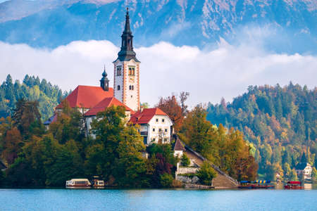 Bled with lake, island, church and mountains in background, Slovenia, Europeの写真素材
