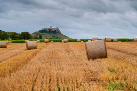 Hay bales on the field after harvest and behind, second biggest castle in Middle Europe - Spis (SpiÅ¡, SpiÅ¡skÃ½) castle in Slovakiaの写真素材