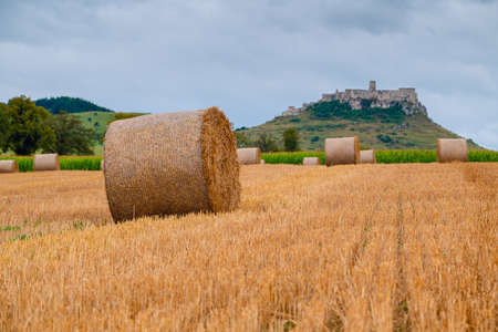 Hay bales on the field after harvest and behind, second biggest castle in Middle Europe - Spis (SpiÅ¡, SpiÅ¡skÃ½) castle in Slovakiaの写真素材