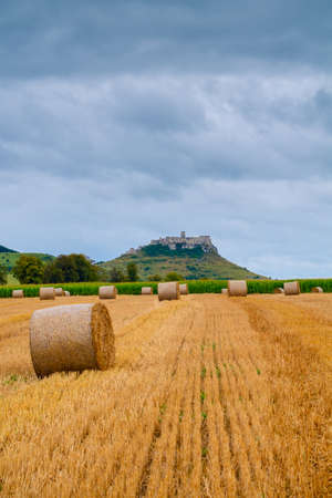 Hay bales on the field after harvest and behind, second biggest castle in Middle Europe - Spis (SpiÅ¡, SpiÅ¡skÃ½) castle in Slovakiaの写真素材