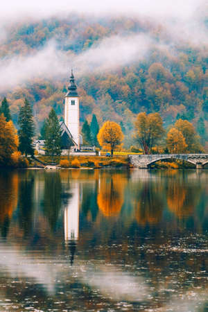Foggy morning in autumn at Lake Bohinj In National Park Triglav, Sloveniaの写真素材