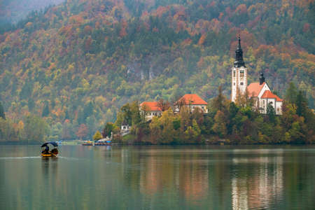 Bled with lake, island, church and mountains in background, Slovenia, Europeの写真素材