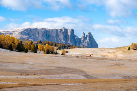 View on Schlern - Sciliar mountain and Seiser Alm - Alpe di Siusi in Dolomite Alps, South Tyrol, Italy.の写真素材