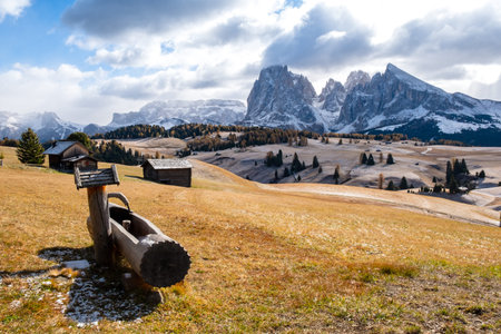 Beautiful autumn scenery in Alpe di Siusi or Seiser Alm with Sassolungo - Langkofel mountain group...
