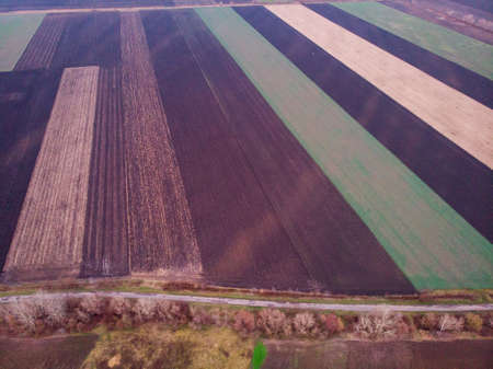 Aerial drone image view of plowed field in Hungaryの写真素材